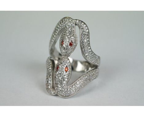 Silver and CZ double snake head ring with ruby eyes 