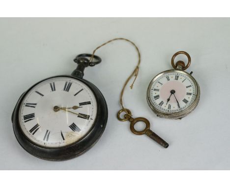 An antique fully hallmarked sterling silver pair cased pocket watch together with a silver ladies fob watch with pink enamel 