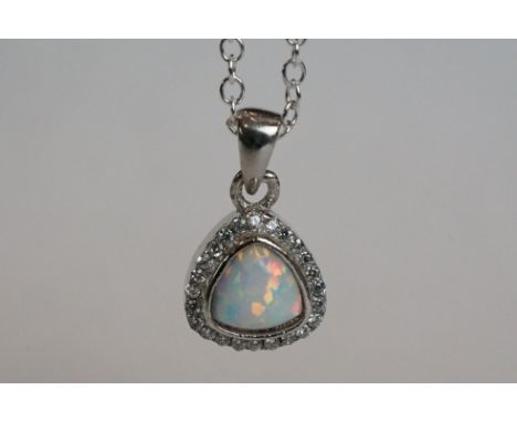 Silver, CZ &amp; opal heart shaped pendant necklace 