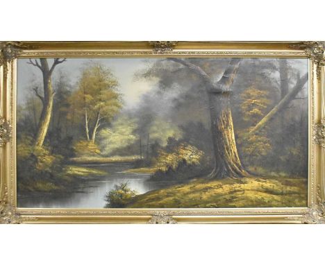 UNATTRIBUTED; a modern oil on canvas, rural river scene, 59 x 120cm, gilt framed.Condition Report: No signs off any rips or t