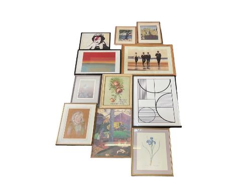 A group of eleven decorative pictures and prints including a Jack Vettriano Portland Gallery poster, an indistinctly signed l