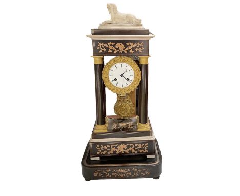 A late 19th century French inlaid portico clock surmounted with carved alabaster figure of a dog, on plinth base, total heigh