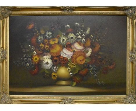 † K LARSEN; a modern oil on canvas, still life of flowers, signed lower right, 60 x 90cm, gilt framed.