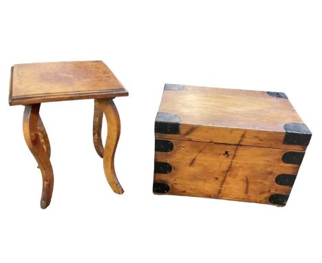 A pine metal bound twin handled trunk, 45.5 x 33.5cm, and a small inlaid stool, top 31 x 31cm (2).