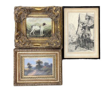 FRANK L EMANUEL; etching, 'Down to the Fort, Dinan', signed in pencil, framed and glazed, also a gilt framed oil on board rur