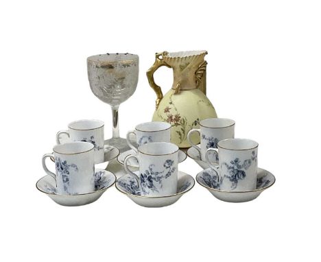 ROYAL WORCESTER; a group of six blue and white decorated coffee cans and saucers, a Royal Worcester blush ivory jug (Rd No. 1