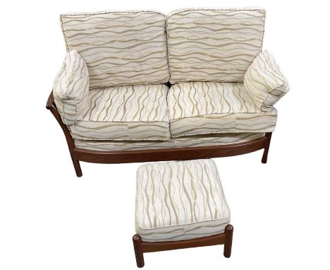 ERCOL; a mid century elm two seater stick back settee, with matching footstool, width approx 160cm.
