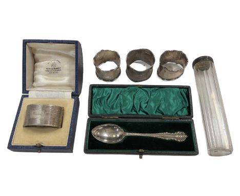 MAPPIN &amp; WEBB LTD; a cased George V hallmarked silver napkin ring engraved 'Monica', Birmingham 1932, three further hallm