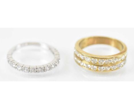 A 9ct yellow gold white stone set ring, size J, and a 9ct white gold white stone set ring, size H, combined approx 4.4g.