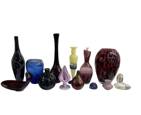 A quantity of art glass including tall yellow art glass vase, height 36cm, paperweights, blue art glass vase and various othe