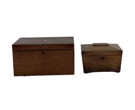 A 19th century mahogany tea caddy, 29.5 x 14cm, and a 19th century mahogany sarcophagus form tea caddy, 20.5 x 12cm (2).