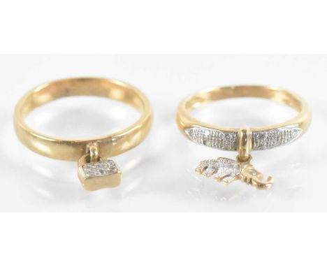 A 9ct yellow gold ring with elephant charm, size Q, and a 9ct yellow gold ring with padlock charm, size R/S, combined approx 