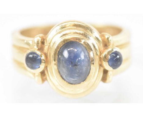 A 14ct yellow gold sapphire set ring, size P/Q, approx 5.6g.