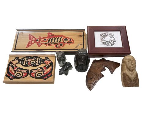A group of Northwest Pacific collectors' items including two painted wooden boxes, the largest 47 x 18cm, carved wooden fish,