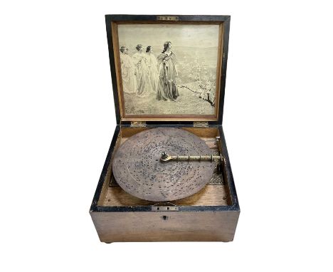 A late 19th century walnut cased table top Symphonion type disc musical box player playing 9 inch discs, case measures 29 x 2