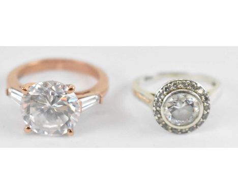 A 9ct rose gold ring set with large white stone, size L, and a 9ct white gold white stone set ring, size I, combined approx 7