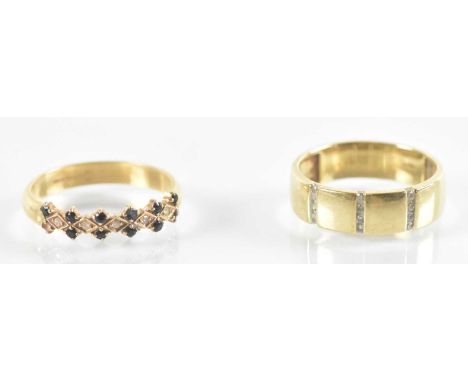 A 9ct yellow gold sapphire and diamond ring, size 1, and a further 9ct yellow gold ring, size Z, combined approx 10g.