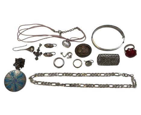 A small quantity of 925 hallmarked silver jewellery including flat link necklace, length 40cm, bangle, marcasite brooch, mour