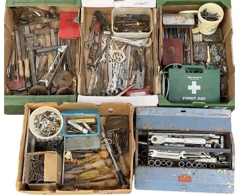 A large quantity of mechanical and wood working tools including hammers, wrenches, spanners, chisels, drill bits, sockets, et