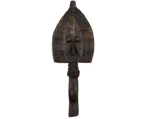 A Bwete reliquary guardian figure, with brass clad decoration, height 46.5cm (af).Condition Report: Please note, the head of 