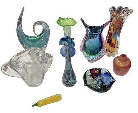 Nine pieces of art glass including Murano, height of tallest 30cm.