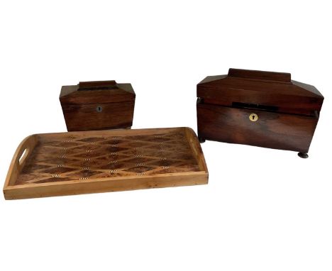 A 19th century rosewood sarcophagus form tea caddy, width 30cm, a smaller 19th century rosewood sarcophagus shaped tea caddy,
