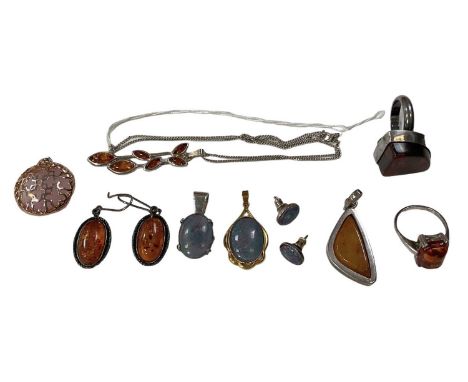 A small quantity of 925 hallmarked silver jewellery, including opal pendant and matching earrings, amber set ring and pair of
