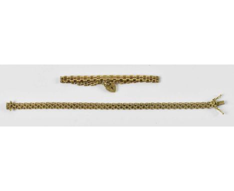 A 9ct yellow gold gate link bracelet, with padlock clasp, and a further 9ct yellow gold bracelet, combined approx 13.1g (2).