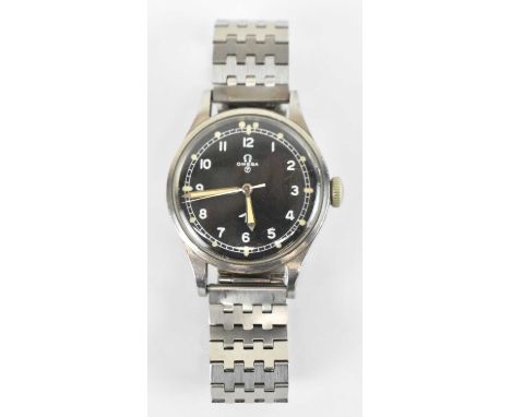 OMEGA; a stainless steel RAF 1953 military wristwatch on stainless steel strap, the black dial set with luminescent hour mark