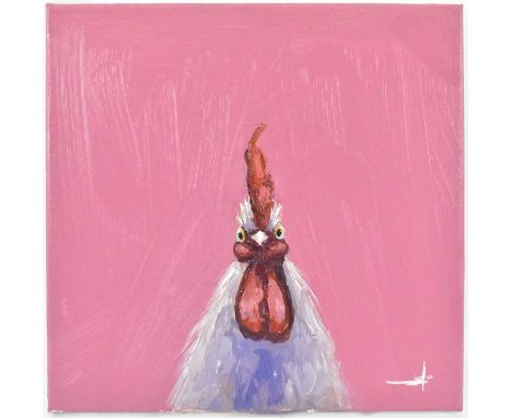 † VIVEK MANDALIA; oil on canvas, 'White Rooster Portrait', 30.5 x 30.5cm, unframed.