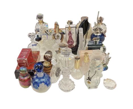 A collection of art glass and designer perfume/scent bottles including Waterford, Chanel, Marc Jacobs, Van Cleef &amp; Arpels