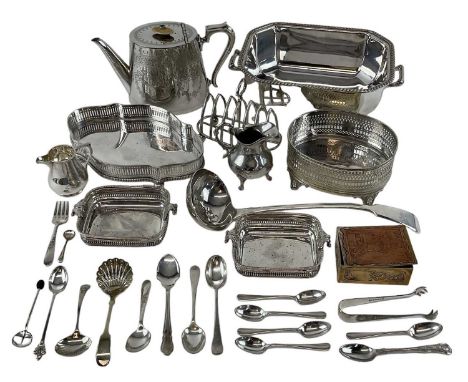 A small quantity of silver plated items including teapot, ladle, toast rack, spoons, etc.