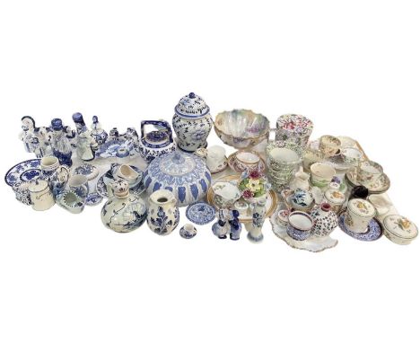 A quantity of sundry ceramics including multiple modern Delft style items, Russian blue and white ornaments, teacups and sauc