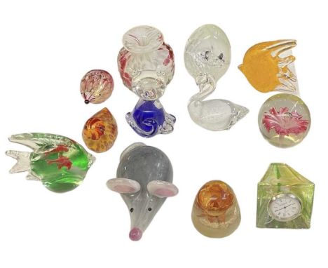 Twelve art glass paperweights, some modelled as animals, including Caithness, Murano etc.