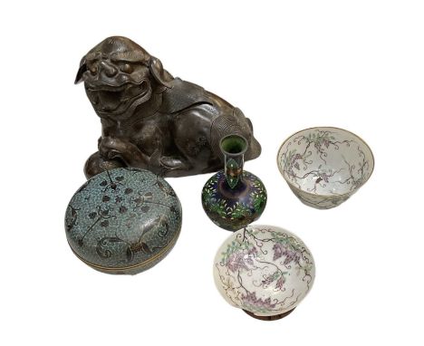 A Japanese late Meiji period bronze censer modelled as a Dog of Fo, width 21cm, height 14cm, a cloisonné circular bowl with c
