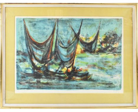 † MARCEL MOULY (1918-2008); a signed artist's proof print, shipping scene, signed in pencil lower right, 48 x 66cm, framed an