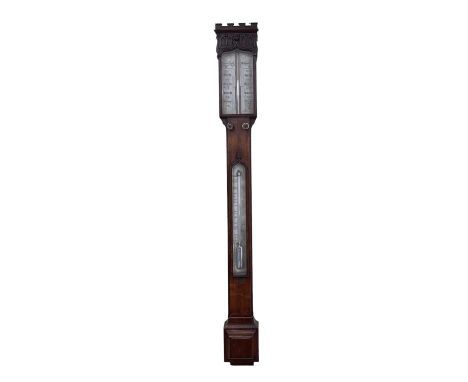 X THOMAS AGNEW OF MANCHESTER; a late 19th century oak cased stick barometer, with Gothic Aesthetic Movement carving and ivory