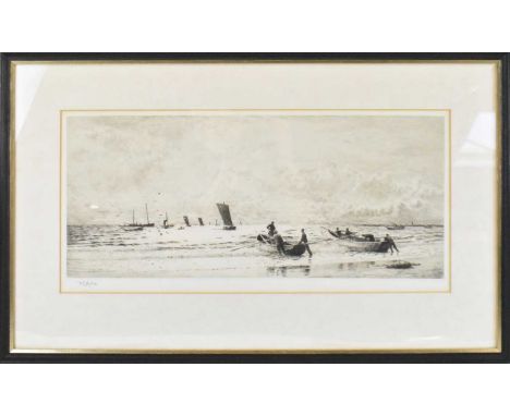 WILLIAM LIONEL WYLLIE (1851-1931); an etching, shipping scene, signed in pencil lower left, 23.5 x 50cm, framed and glazed.