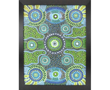 † JOSEPHINE CAVANAGH (born 1971); acrylic on canvas, abstract Aboriginal scene, 58 x 43.5cm, framed, with certificate of auth