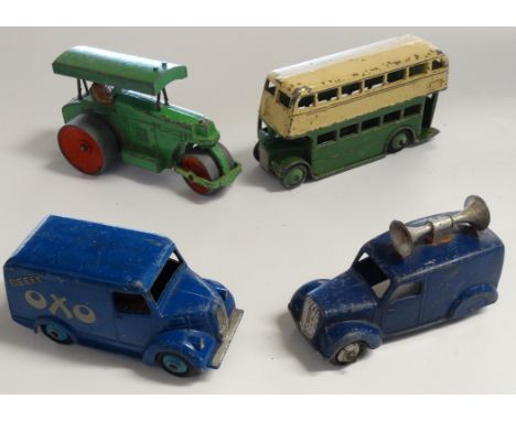 DINKY AVELING STEAMROLLER, DOUBLE DECKER BUS, TROJAN OXO VAN + SPEAKER VAN 