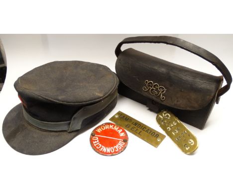 BR CAP, LEATHER COLLECTION BAG, ENAMEL DISCONNECTED BADGE & 2 BRASS PLAQUES 