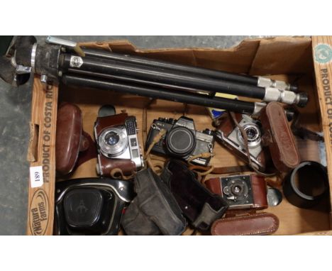 4 VARIOUS CAMERAS & TRIPOD 