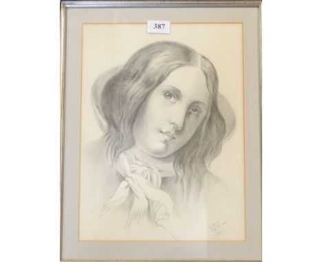 FJ TREWIN 1894 PENCIL SKETCH GIRLS HEAD 11'x14' 
