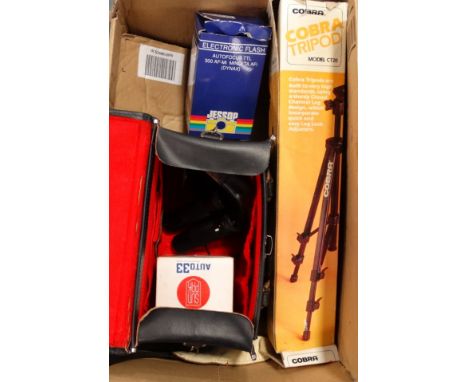 COBRA TRIPOD, 2 FLASH UNITS, SM BINOCULARS & BAG 
