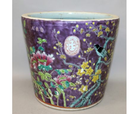 A CHINESE DAYA ZHAI STYLE PURPLE GROUND PORCELAIN JARDINIERE, decorated with a continuous scene of a bird perched on a branch