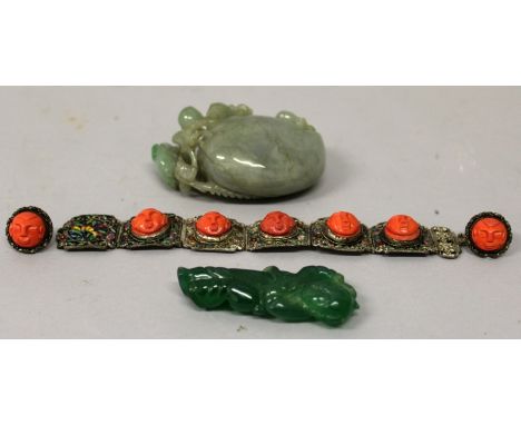 A CHINESE JADE-LIKE CARVING OF A PEACH, decorated in relief with lingzhi and a chilong; together with a small apple-green jad