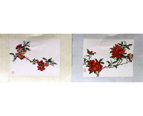 A PAIR OF CHINESE PAINTINGS ON PAPER, unframed, each painted with a blossoming bough, each with an artist's seal and mounted 