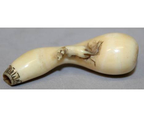 AN UNUSUAL EARLY 20TH CENTURY SIGNED JAPANESE IVORY NETSUKE, in the form a double gourd, the himotoshi formed by the legs of 