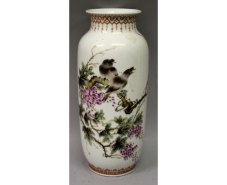 A CHINESE FAMILLE ROSE PORCELAIN VASE, decorated with calligraphy and with two birds perched on a blossoming branch, the base