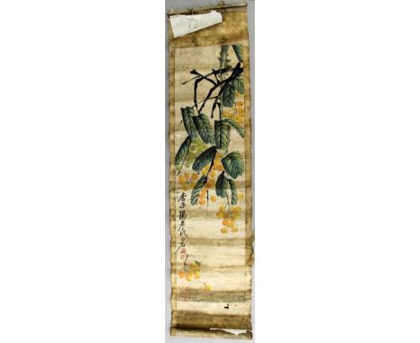 A CHINESE HANGING SCROLL PAINTING ON PAPER, decorated with a branch of hanging leaf-stemmed fruit, and with an inscription an
